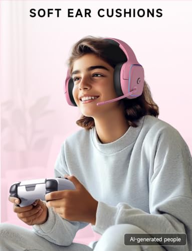 Gvyugke 2.4GHz Wireless Gaming Headsets for PS5, PS4, PC, Switch - Bluetooth 5.3 Gaming Headphones with Noise Canceling Mic, 7.1 Surround Sound, 70H Battery, Blue Lighting - Blush Pink - color: Blush Pink