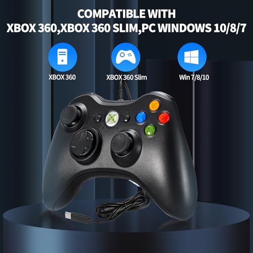 NBCP Wired Controller – Compatible with Xbox 360, Xbox 360 Slim & PC Windows 7/8/10, with Dual Vibration Feedback, Ergonomic Design for Gaming - color: Black for Xbox 360