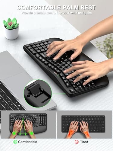 EDJO Wireless Ergonomic Keyboard with Wrist Rest, Wave Keys | Comfortable Natural Typing, Multimedia Hotkeys,2.4GHz,For Large Hands,Windows, Mac, Laptop, PC