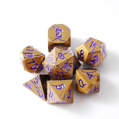 Metal Dice for DND - Ancient Cracked Pharaoh Ruins - Gold Purple Cracks | Beautiful 7pc Polyhedral Dice Set, Smooth Rolling, Role Playing Games (RPG), Compatible with D&D, for Dungeons and Dragons - color: Ancient Dark Gold Purple