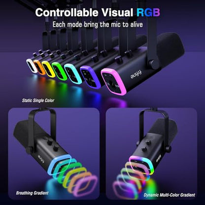 FIFINE XLR/USB Gaming Microphone Set and Gaming Audio Mixer,Dynamic PC Mic for Streaming Podcasting,RGB Recording Mixer with XLR Microphone Interface,Computer RGB Mic Kit with Boom Arm Stand(AM8T+SC3)