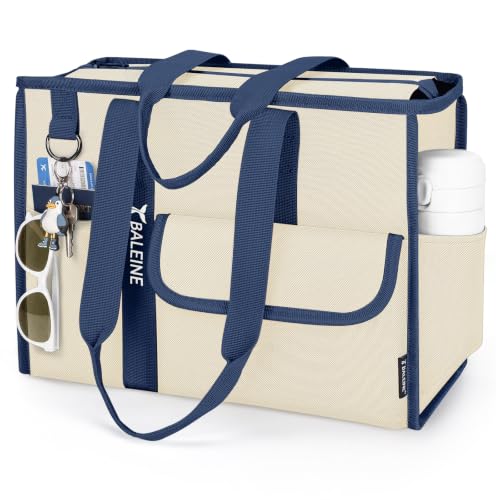 BALEINE Large Utility Tote Bag with Reinforced Bottom, Multi Pockets Foldable Tote Bag for Nurse, Travel, Work - color: Beige/Blue, size: Large