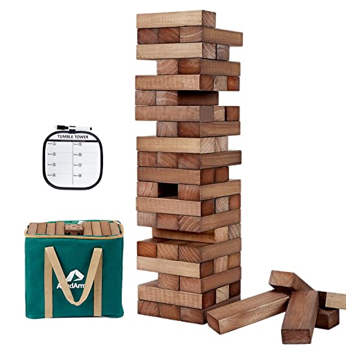 ApudArmis Giant Tumble Tower (Stack from 2Ft to Over 4.2Ft), 54 PCS Pine Wooden Stacking Timber Game with 1 Dice Set - Classic Block Giant Outdoor Game for Teens Adults Family(Brown) | Non-toxic New Zealand Pine Blocks, Crack-resistant, With dice and bag.