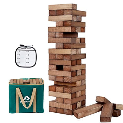 ApudArmis Giant Tumble Tower (Stack from 2Ft to Over 4.2Ft), 54 PCS Pine Wooden Stacking Timber Game with 1 Dice Set - Classic Block Giant Outdoor Game for Teens Adults Family(Brown) | Non-toxic New Zealand Pine Blocks, Crack-resistant, With dice and bag.