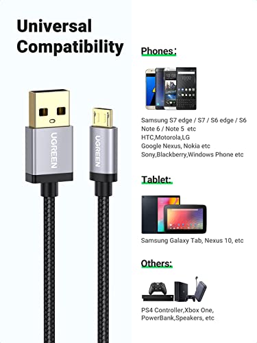 UGREEN Micro USB Cable, 3FT High Speed Fast Charging USB Cable, Nylon Braided Durable Android Phone Charger Cord, Compatible with Samsung Galaxy S7 S6 Note LG V10 Tablet PS4 MP3 - size: 3FT