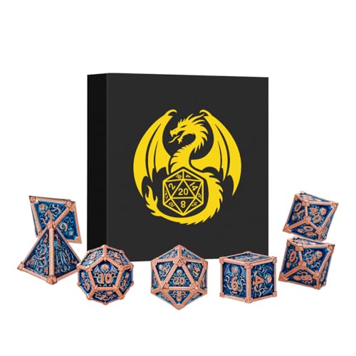 Metal Dice Set, Octopus Pattern, 7pcs Polyhedral Metal DND Dice Set, DND Starter Set, D&D Gifts with Gift Box, Role Playing Board Games Accessories, Red Copper Border Blue - color: Blue With Gift Box