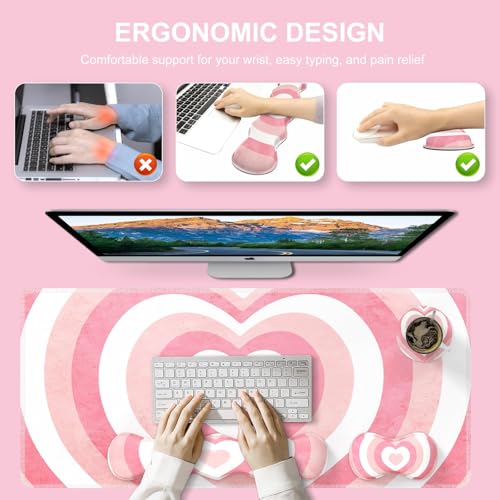 iLeadon Desk Mat Set, Pink Heart Mouse Pad and Keyboard Wrist Rest | Large Gaming Mouse Pad + Keyboard Wrist Rest + Mouse Pad with Wrist Support + Coaster,Easy Typing Pain Relief - color: Pink Heart