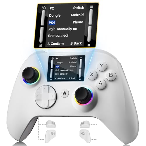 Interactive Screen Wireless Gaming Controller for PC/PS4/ Switch/Android/iOS, 4 Programmable Buttons, Turbo, 6-axis Gyro, Dual Vibration, RGB Lighting, Share, Screenshot, 1000mAh, Wake-up White - color: White