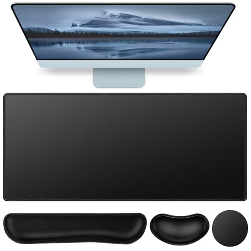 Mouse Pad Black, Mouse Pad with Wrist Rest, 4-in-1 Large Mousepad+Keyboard Wrist Rest+Mouse Pad Wrist Support+Cup Pad Set,Ergonomic Anti-Slip,Memory Foam Desk Mat for Home Office Gaming(35.4×15.7in) - color: Black