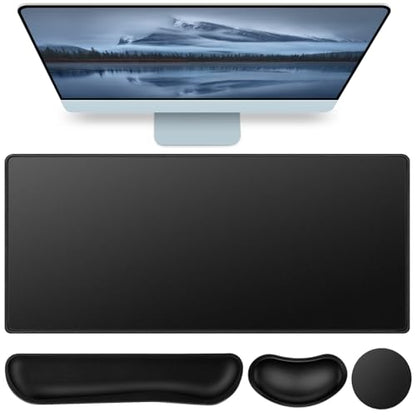 Mouse Pad Black, Mouse Pad with Wrist Rest, 4-in-1 Large Mousepad+Keyboard Wrist Rest+Mouse Pad Wrist Support+Cup Pad Set,Ergonomic Anti-Slip,Memory Foam Desk Mat for Home Office Gaming(35.4×15.7in) - color: Black