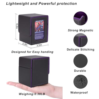 AFIING MTG Deck Box for Commander Display,Card Deck Box Fits 100 Double Sleeved Cards, Magic Commander TCG Card Storage Box with 2 Dividers,Drawstring Bag and 1 Toploader(Black/Purple) - color: Commander Black Purple