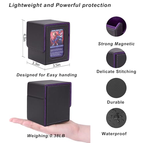 AFIING MTG Deck Box for Commander Display,Card Deck Box Fits 100 Double Sleeved Cards, Magic Commander TCG Card Storage Box with 2 Dividers,Drawstring Bag and 1 Toploader(Black/Purple) - color: Commander Black Purple