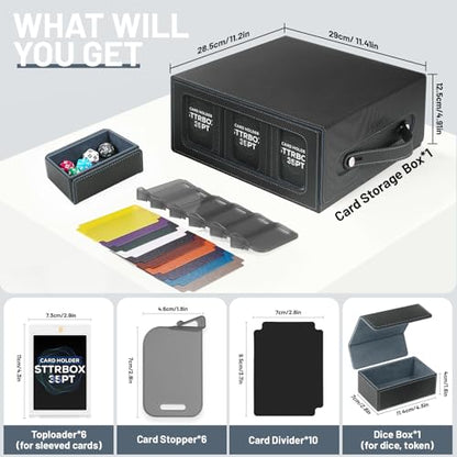 Commander Deck Box with Handle, Trading Card Storage Box for MTG&TCG.7 in 1 MTG Deck Box with 6 Toploaders, 6 Stoppers, 10 Colorful Dividers.(Black & Grey, 7 IN 1) - color: Black & Grey
