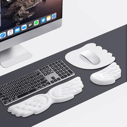 JIKIOU Angel Wing Wrist Rest Ergonomic Memory Foam Wrist Rest for Keyboard | Cute Savior of Wrist Pain, PU Leather Surface, Anti-Slip Base, Waterproof, Compatible with Most Keyboards & Mice, White