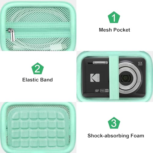 Canboc Hard Case for KODAK PIXPRO FZ55/ FZ45/ FZ43/ FZ53 16MP Digital Camera, Vlogging Camera Bag, Zipper Mesh Pocket fit Cable, SD Card, Mint Green (Case Only) - color: T-Mint Green