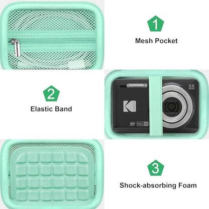Canboc Hard Case for KODAK PIXPRO FZ55/ FZ45/ FZ43/ FZ53 16MP Digital Camera, Vlogging Camera Bag, Zipper Mesh Pocket fit Cable, SD Card, Mint Green (Case Only) - color: T-Mint Green