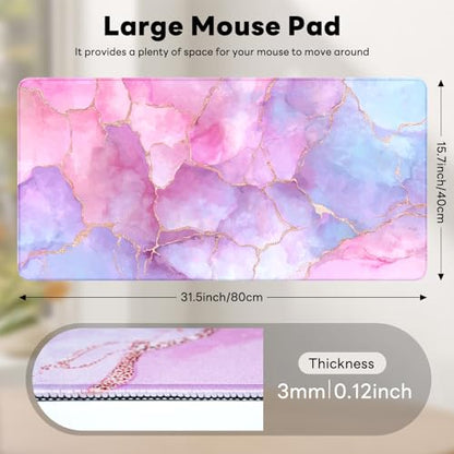 Large Gaming Mouse Pad, XL Desk Protector, Non-Slip Base | 31.5x15.7 in Extended Desk Mat with Stitched Edges for Keyboard, Work, Game, Office, Home PC and Laptop - color: Pastel Marble