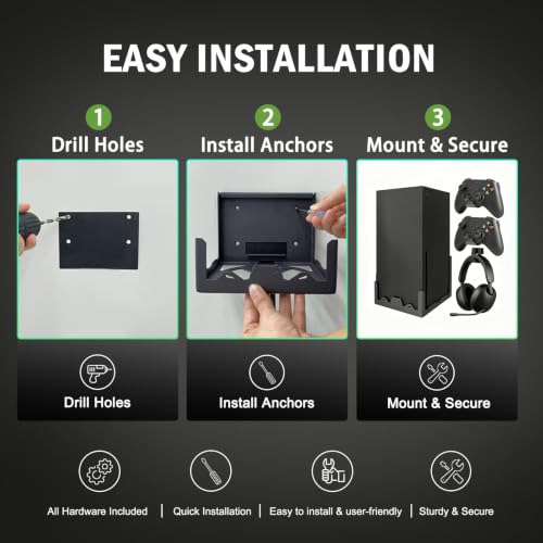 BracNova Wall Mount Kit for Xbox Series X-Steel Wall Mount Shelf Stand with Detachable Controller Holder and Headphone Hook-Safely Store Your Xbox X Console Near or Behind Your TV