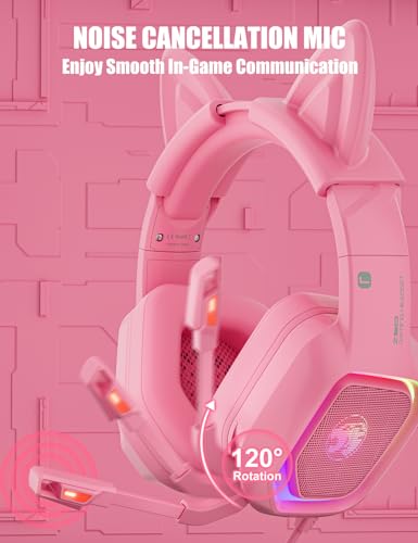 ZIUMIER Pink Wired Gaming Headset with Detachable Cat Ears | Noise Canceling Microphone, LED Light, 50mm Driver, 3.5mm Audio Jack, Compatible with PS4 PS5 Xbox Series X|S Xbox One PC