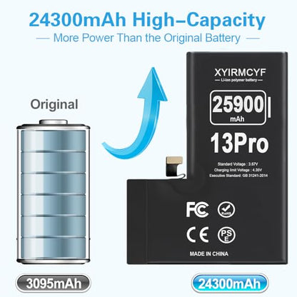 XYIRMCYF 24300mAh Super Capacity Battery Compatible with iPhone 13 Pro, 0 Cycle Li-Polymer Replacement Battery for iPhone 13 Pro, with Professional Repair Tool Kit - color: 13Pro-24300