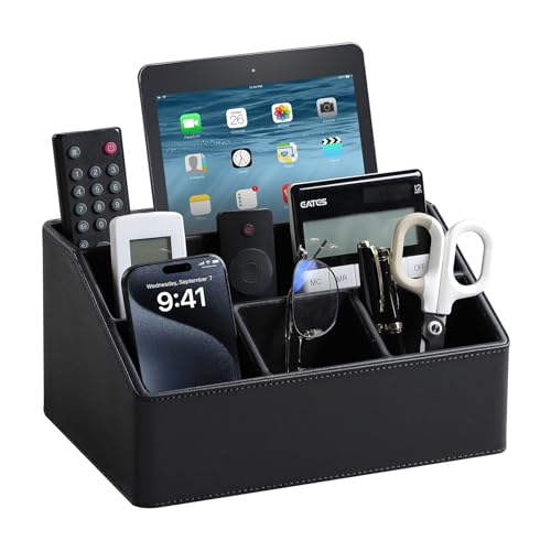 PU Leather Desk Organizer, Remote Control Holder, Black | Luxury Nightstand Organizer for Home, Office Desk Accessories, Bedside Table Caddy with 5 Compartments, Velvet Lining - color: Black
