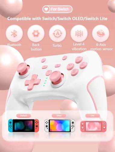 Matbip Wireless Pro Controller for Switch/Switch 2/Switch Lite/Switch OLED, wireless controller for switch with 2 back buttons, 3-level TURBO adjustable (Pink) - color: Pink