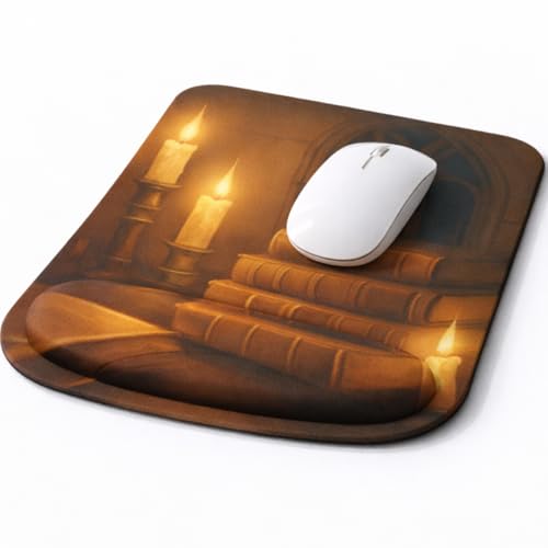 Ergonomic Memory Foam Mouse Pad with Wrist Support, Orange, Ultra-Smooth Surface, Anti-Slip Base (Book and Candle, Medium) - color: Book And Candle