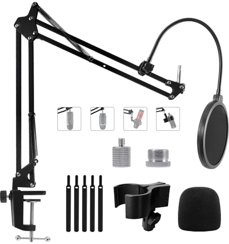 Boom Arm Mic Stand for Blue Yeti, Nano, HyperX QuadCast Snowball Fifine and More Mic, Adjustable Boom Arm Desk Microphone Stand with 3/8" to 5/8" 1/4" Screw, Pop Filter