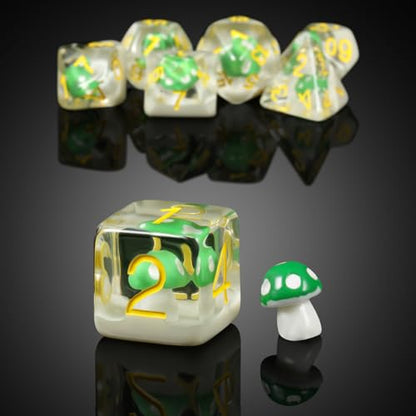 Mushrooms D&D Dice, DNDND 7PCS Resin DND Dice with Velvet Bag for Dungeons and Dragons Role Playing Games and Tabletop Games（Green Mushrooms - color: Mushroom Green
