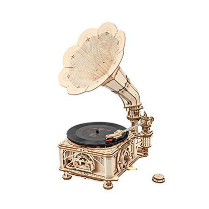 ROKR 3D Wooden Puzzles Gramophone for Adults - DIY Mechanical Model Kit 1:1 Replica Record Player Support 7"/10" Vinyl Building Gift Hobbies for Adults Home Decor