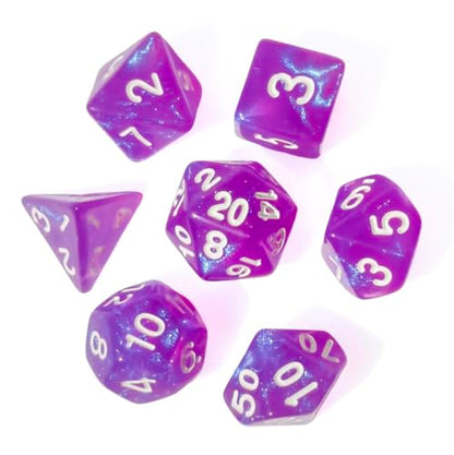 퍼플 DND 주사위 7개 세트 (스팽글 퍼플) | TTRPG, 던전 앤 드래곤, 롤 플레잉 게임 및 기타 테이블 게임을 위한 아크릴 다면체 주사위 세트 - D20 시스템 주사위 - color: 스팽글 퍼플