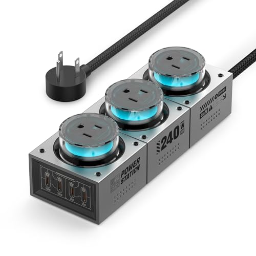 E-Tank 7-in-1 Desktop Charging Station, 240W Max GaN USB-C Charger | 3 AC Outlets, 4 USB-C Ports, 240W Shared USB-C Output, 140W PD 3.1 Fast Charging, Smart Power Sharing, RGB Lighting - color: 240W Charger Station - Gray