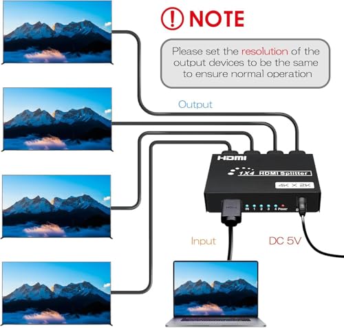 HDMI Splitter 1 in 4 Out, 4 Ports HDMI Splitter 4K@30Hz with Power Adapter, 1x4 HDMI Distributor Up to 100ft Long Distance Transmission, Support EDID 3D HD Distributor for PS4 Xbox Fire Stick HDTV
