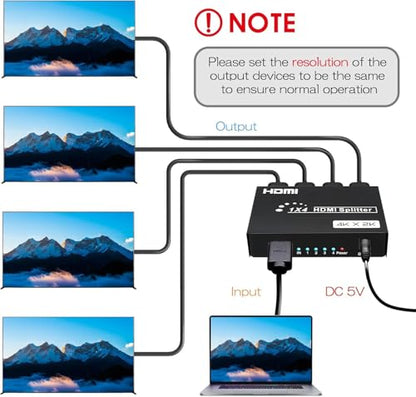 HDMI Splitter 1 in 4 Out, 4 Ports HDMI Splitter 4K@30Hz with Power Adapter, 1x4 HDMI Distributor Up to 100ft Long Distance Transmission, Support EDID 3D HD Distributor for PS4 Xbox Fire Stick HDTV