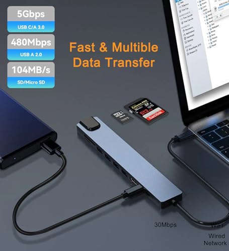 USB C Hub Ethernet HDMI Adapter, 8 in 1 Laptop Docking Station with 4K HDMI, RJ45 Ethernet 100Mbps, SD/TF Card Reader, USB 3.0/2.0, PD 100W, LAN USB C Dongle for MacBook Pro/Air, iPad Pro, XPS, etc