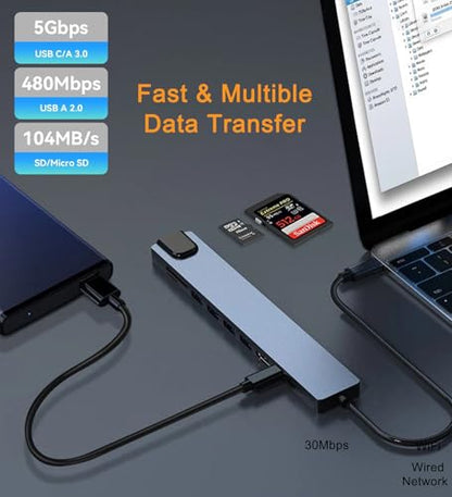 USB C Hub Ethernet HDMI Adapter, 8 in 1 Laptop Docking Station with 4K HDMI, RJ45 Ethernet 100Mbps, SD/TF Card Reader, USB 3.0/2.0, PD 100W, LAN USB C Dongle for MacBook Pro/Air, iPad Pro, XPS, etc