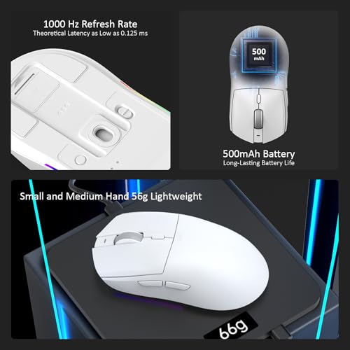 AJAZZ AJ139 V2 MC Wireless Gaming Mouse with RGB Charging Dock, 66g Ultra-Lightweight Tri-Mode Optical Mouse, 12000 DPI PAW3311 Sensor, Ergonomic Rechargeable Gaming Mouse for PC/Mac - White - color: White