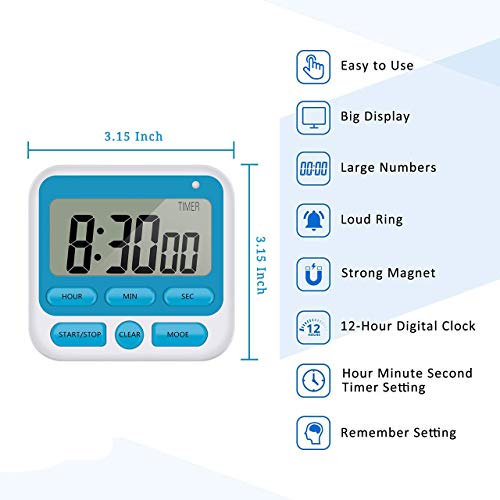 Upgraded Digital Kitchen Timer, ON/Off Switch, 12/24 Hour Clock and Silent Timers, Count Up & Count Down for Kids Teachers Cooking Games Office, Large LCD Display, Loud Alarm and Strong Magnet (Blue) - color: Blue