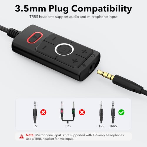 1Mii S03 USB Sound Card, 7.1 Virtual Surround Sound Gaming Audio Adapter, Plug & Play USB to 3.5mm Headphone and Microphone Jack with Volume Control, Mic Mute, for PC, Laptop and Gaming Devices