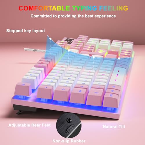 BlueFinger RGB Gaming Keyboard and Backlit Mouse Combo, USB Wired, LED Gaming Set for Laptop PC Computer Game and Work (Pink & White) - color: Pink & White