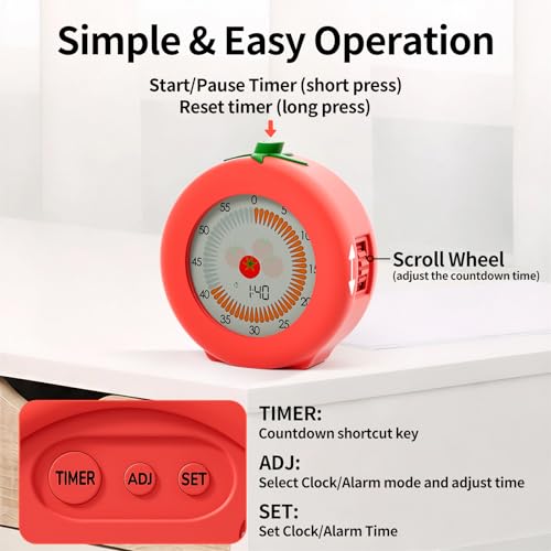 Tomato Kids Visual Timer for Classroom, Office and Meetings | 299 Minute, Cute Pomodoro Countdown Timer with Pause Function, Clock and Alarm, Kitchen Cooking Helper