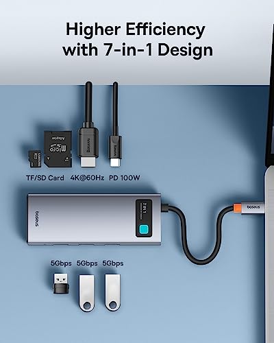Baseus USB C to HDMI Adapter, 4K@60Hz USB C Docking Station, 7 in 1 USB C Hub with 3 USB-A, PD 100W, TF/SD Card Reader, Compatible for iPhone 15/Mac/Dell/Acer/HP/ASUS/Steam Deck/Rog Ally - size: 7 in 1