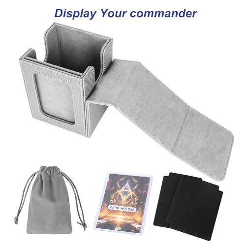 AFIING MTG Deck Box for Commander Display,Card Deck Box Fits 100 Double Sleeved Cards, Magic Commander TCG Card Storage Box with 2 Dividers,Drawstring Bag and 1 Toploader(Silver/grey) - color: Commander Silver Grey
