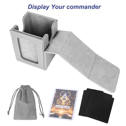 AFIING MTG Deck Box for Commander Display,Card Deck Box Fits 100 Double Sleeved Cards, Magic Commander TCG Card Storage Box with 2 Dividers,Drawstring Bag and 1 Toploader(Silver/grey) - color: Commander Silver Grey