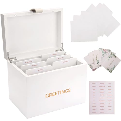Large Bamboo Greeting Card Organizer Box with 6 Removable Dividers, Real Leather Handle, 100% Handmade Solid Bamboo, Storage Box for Christmas, Valentine, & Birthday Cards, Postcards, Stationery& More - color: White