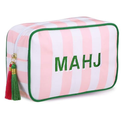 Sanwuta 1 Pcs Mahjong Tile Bag with Zipper,Pink, Green,Striped | Embroidered Mahjong Case for 166 American Mahjong Tiles (1.2") Portable Bags for Board Game Party Gathering Travel - color: Pink, style: Clean