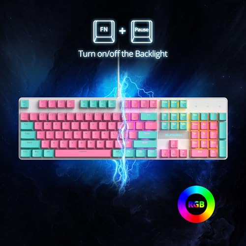 surmen Full Size Pink Creamy Keyboard with Number Pad, 104 Keys RGB Wired Mechanical Gaming Keyboard Backlit with PBT Keycaps Linear Red Switch for Laptop Desktop PC Gamers（104 Miami） - color: 104 Miami