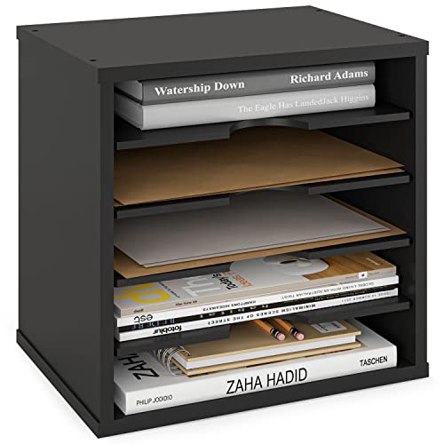 Ballucci 5-Tier File Organizer for Desk, Wooden Mail Sorter, Office Desk Organization, Paper Storage Organizers, Folder holder for desk, Letter Trays & Stacking Supports, Adjustable Shelves, Black - color: Black