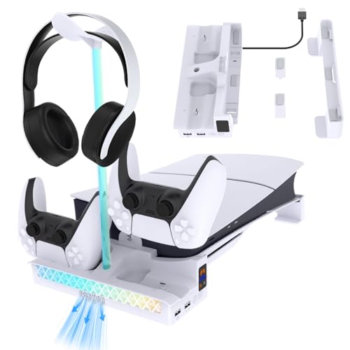 Slim/Pro Horizontal Stand with Cooling Fan and P5 Controller Charger Compatible with 5 Console,Cooling Station with RGB Light Dual Controller Charging and Headphone Storage