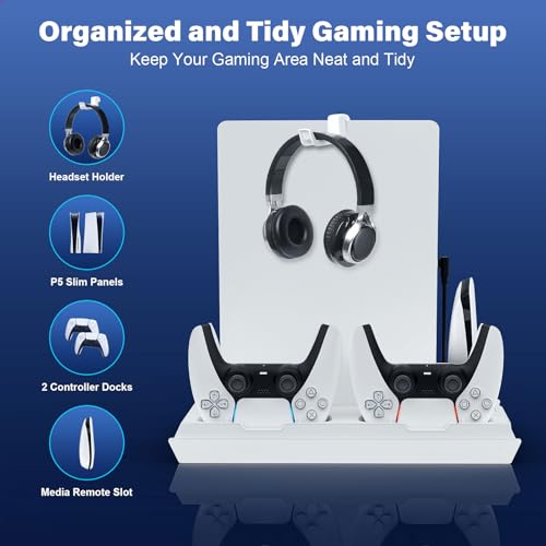 fivtek PS5 Stand with Cooling Fan & Controller Charger, All-in-One Docking Station for PS5 & PS5-Slim, 4-Port USB Hub, Headset Holder, Fast Wireless Charging for 2 Dual Controllers, White - color: White
